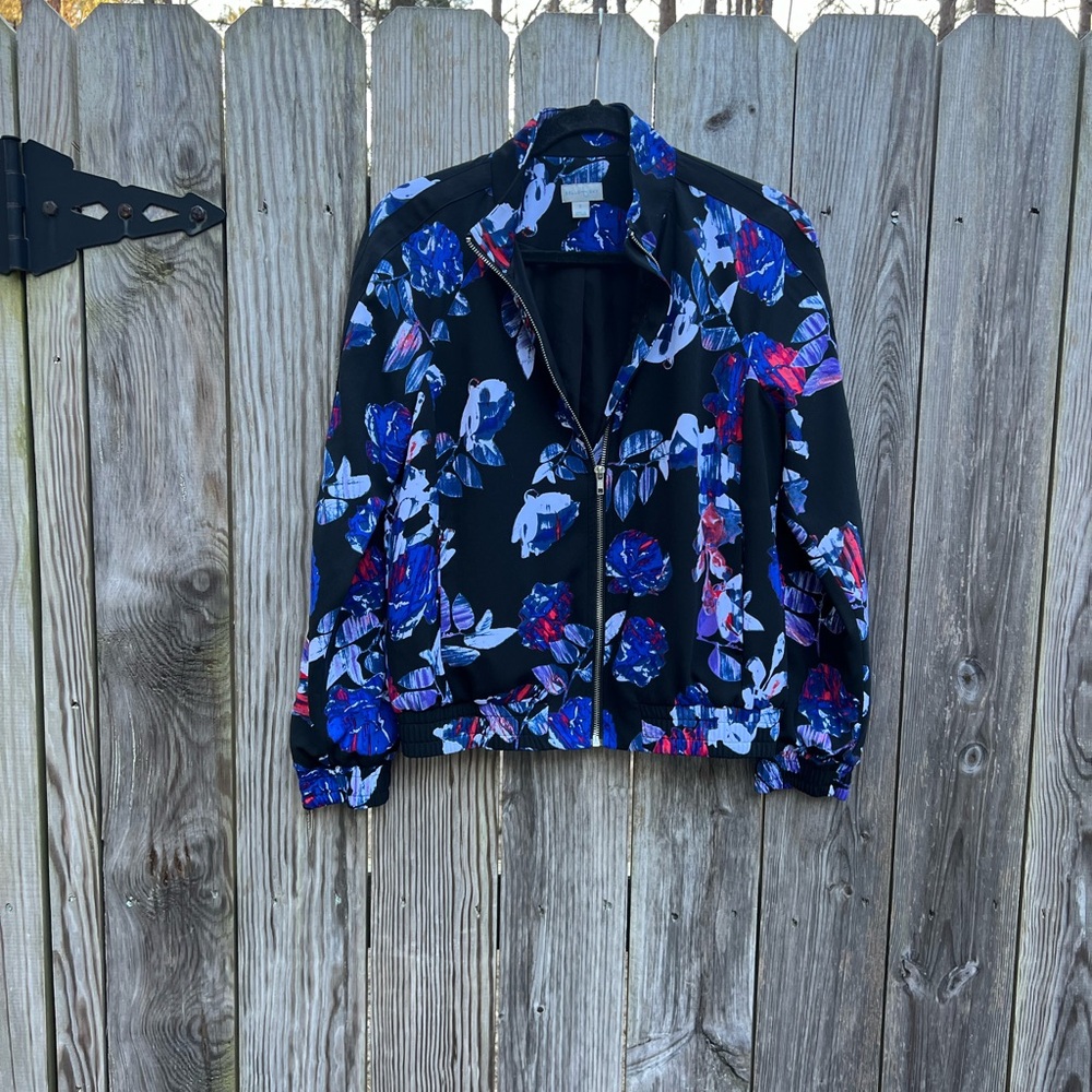 BELLE SKY Black Floral zip up jacket bomber Jacket Women’s Small